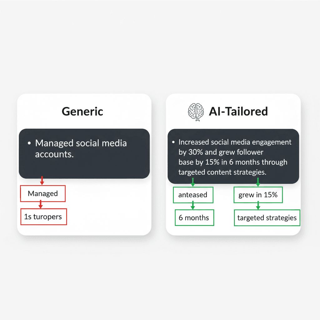 Side-by-side comparison of a generic resume bullet point and an AI-tailored version showing keyword