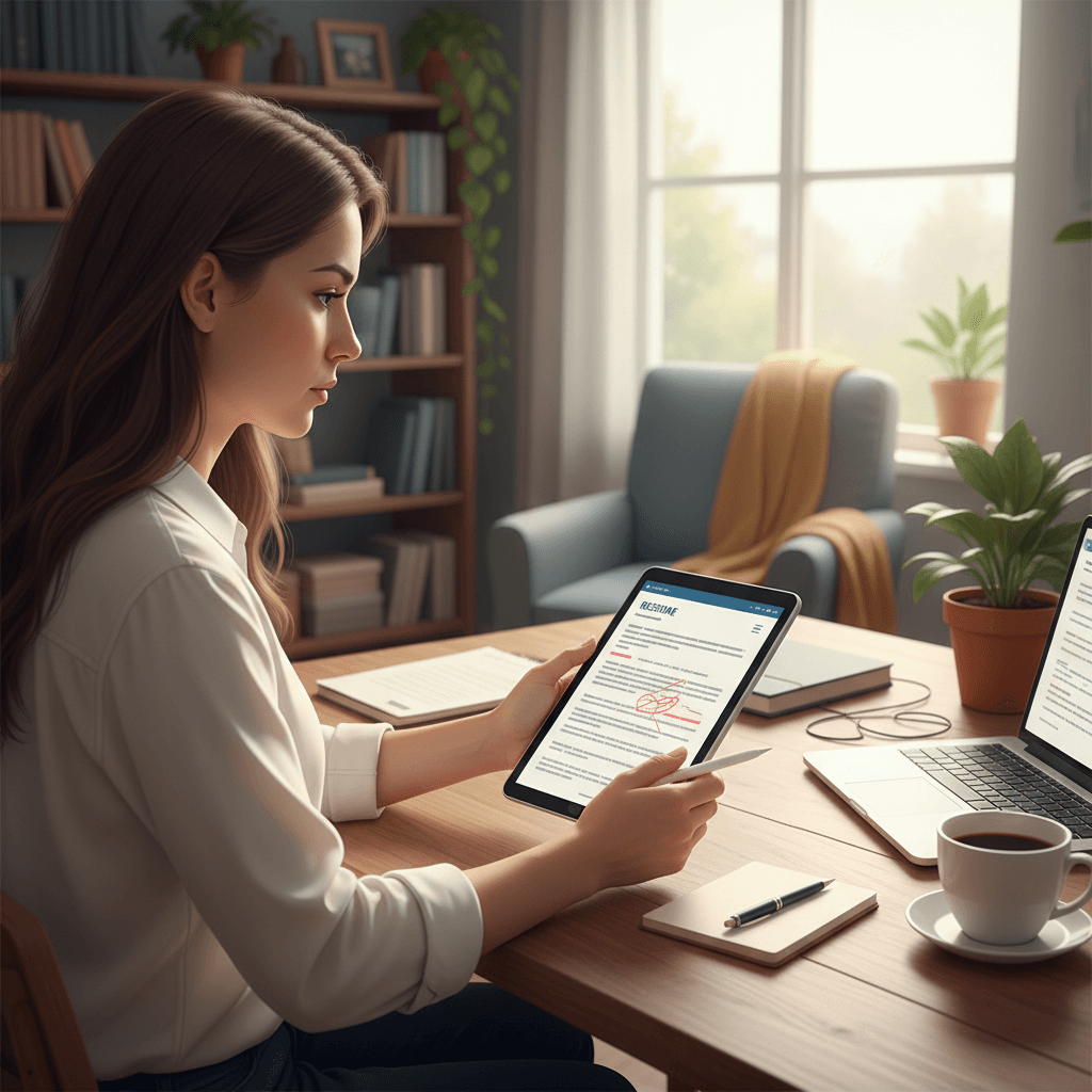 Person reviewing AI-generated resume content on a tablet, making edits with a thoughtful expression,