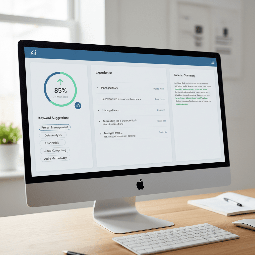 A clean interface of an AI resume tailoring dashboard showing job match score, keyword suggestions,