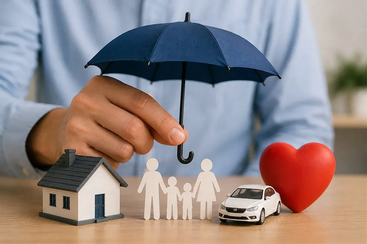 Hand holding an umbrella over a model house, a paper family cutout, a toy car and a red heart