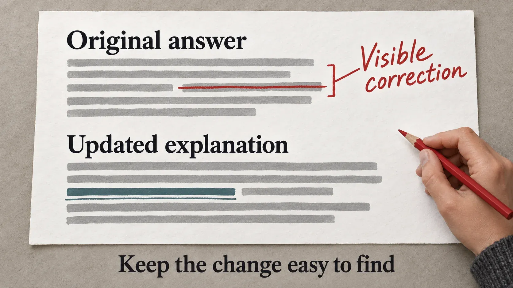 A page showing an original answer with a visible correction marked in red above an updated explanation