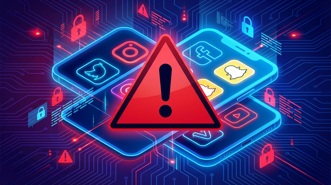 Warning symbol overlaid on a phone screen showing various social media apps, cybersecurity concept, red and blue color scheme, digital illustration style