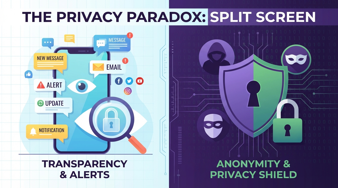 Split screen showing phone notification alerts and privacy shield icons, contrast between transparency and anonymity, modern flat design illustration