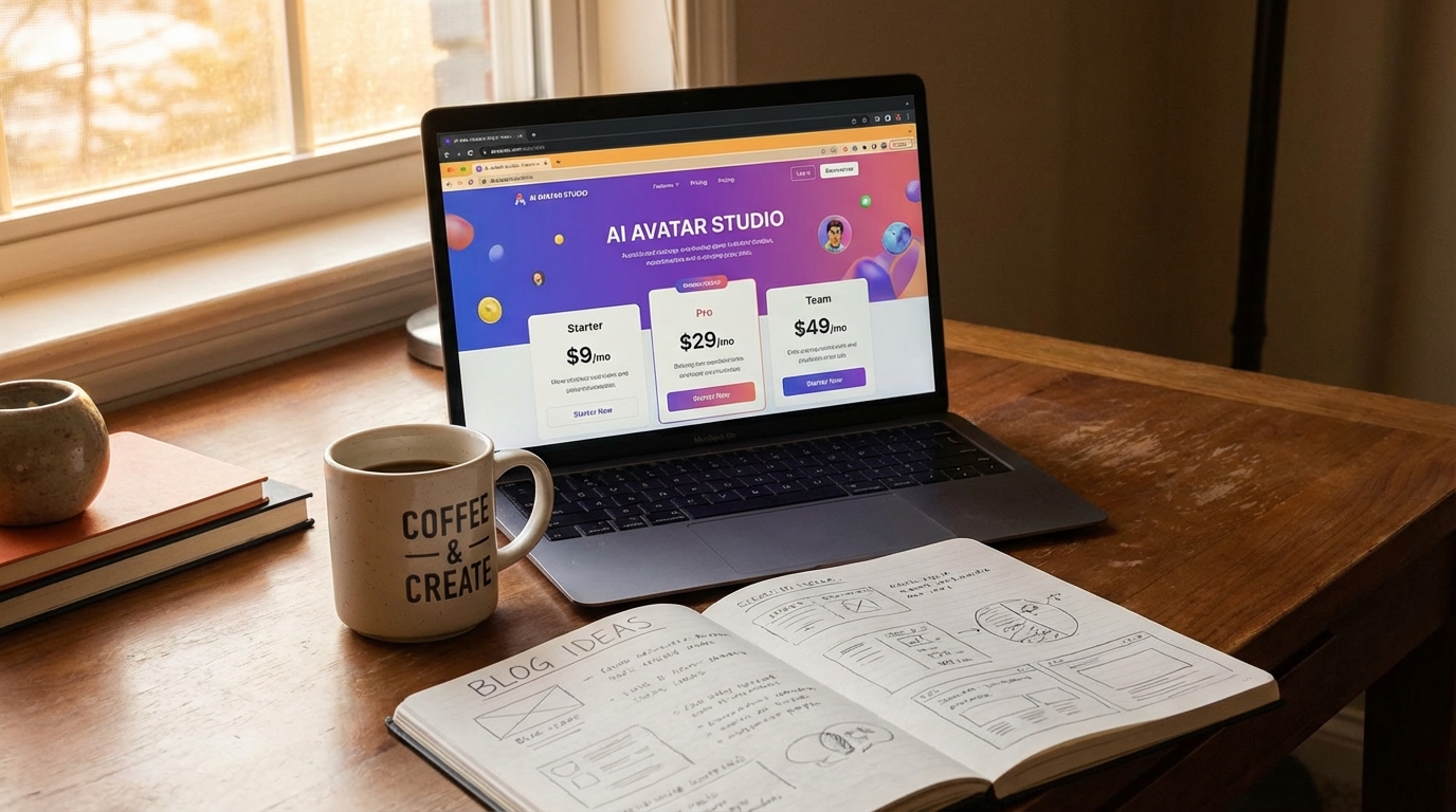 A creative workspace setup showing a laptop screen with AI avatar creation interface, budget-friendly pricing tiers displayed, coffee cup and notepad nearby, warm lighting, relatable content creator environment