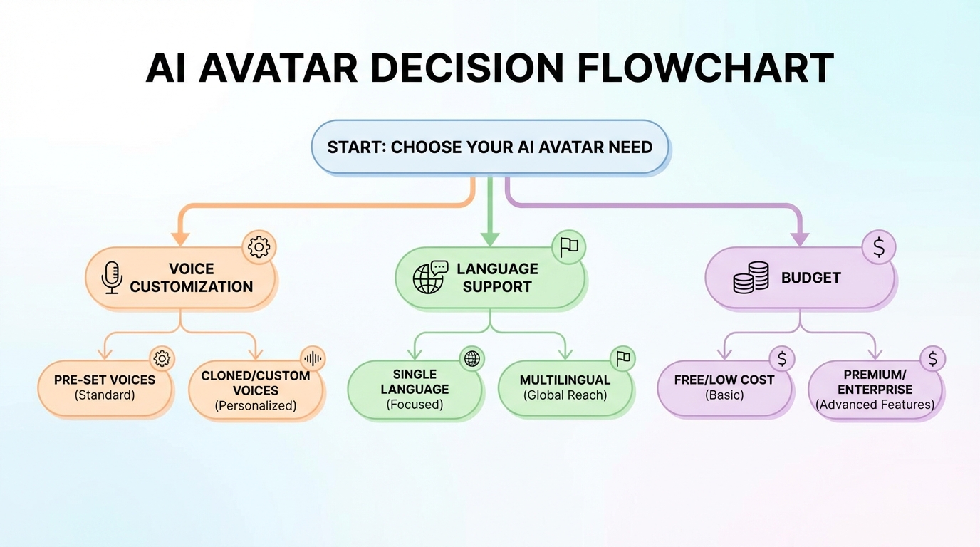 A decision-making flowchart for choosing AI avatars, with three main branches for voice customization, language support, and budget, clean infographic style with icons