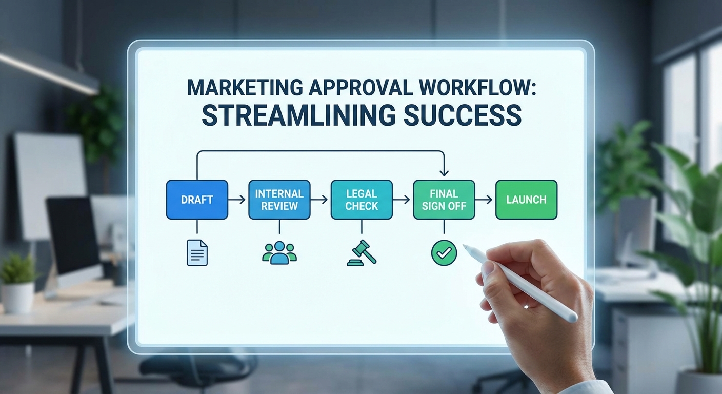 A clean workflow diagram showing marketing approval stages from draft to launch, with clearly marked stages including internal review, legal check, and final sign off, displayed on a digital whiteboard