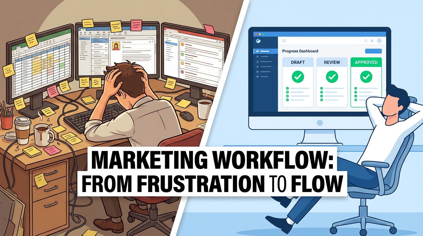 Split screen comparison showing a chaotic marketing workspace with scattered sticky notes and multiple screens versus an organized digital dashboard with clear approval stages and green checkmarks