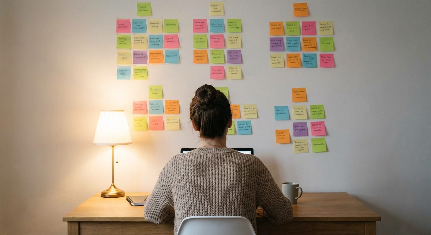 A person sitting at a desk looking at sticky notes on a wall, each note representing a different audience question or pain point. Warm lighting, casual home office environment, shot from behind the person looking at the organized sticky notes.