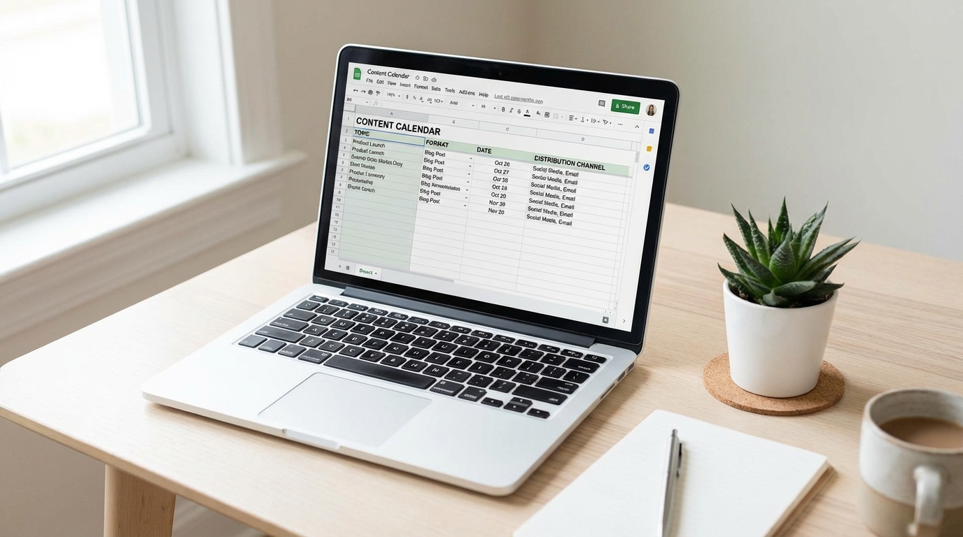 A simple content calendar on a laptop screen showing a Google Sheet with columns for topic, format, date, and distribution channel. Clean desk with a plant beside the laptop, natural daylight, top-down angle.