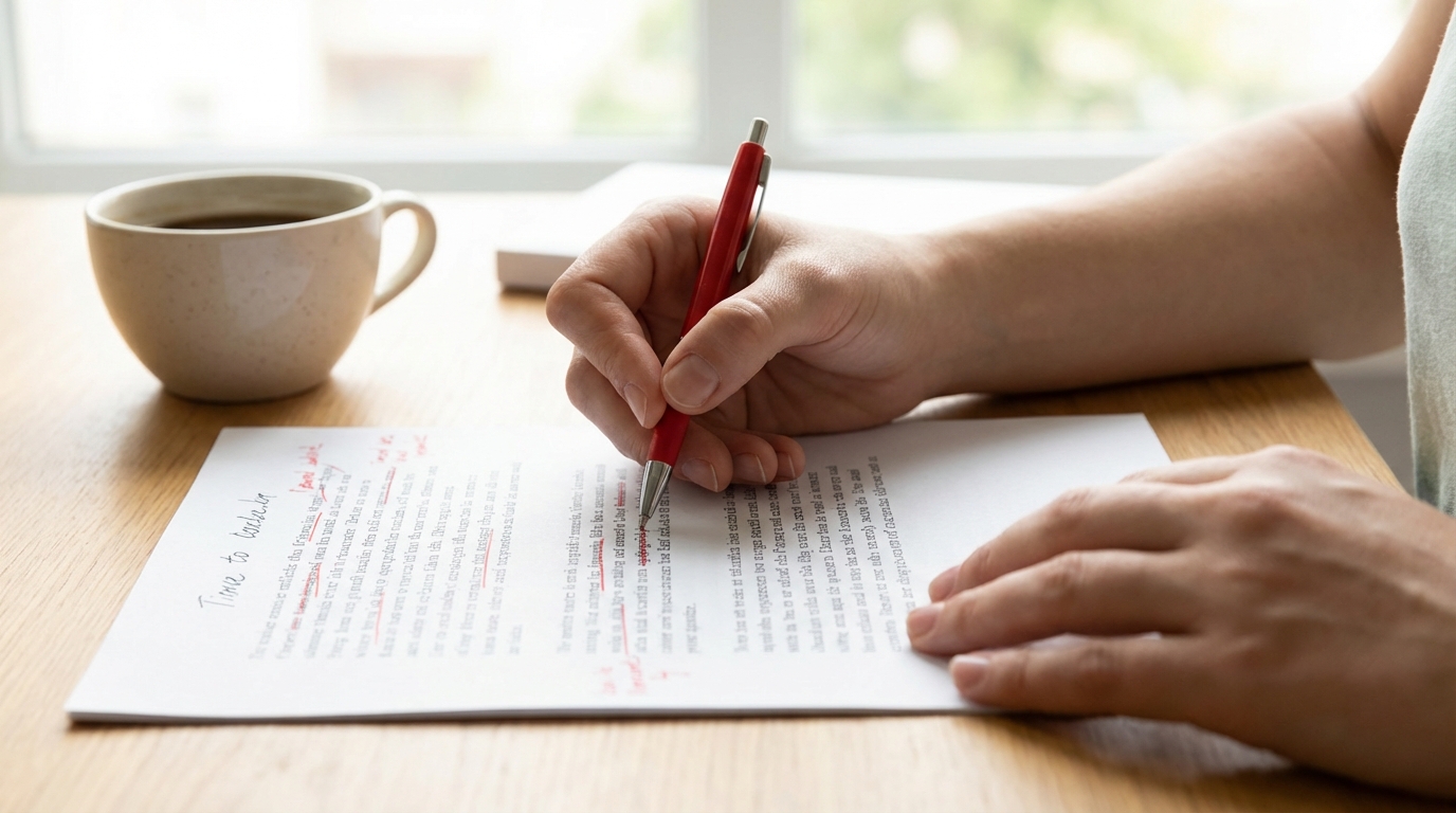 Close-up of hands editing a printed document with a red pen, crossing out words and writing new ones in the margins, coffee cup nearby, natural daylight