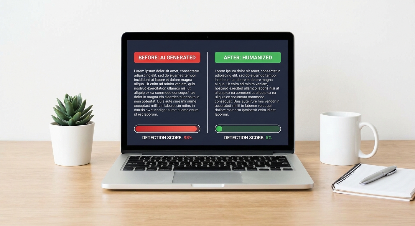 A laptop screen showing a before and after comparison of AI text being transformed, with detection score meters going from red to green, clean minimal desk setup