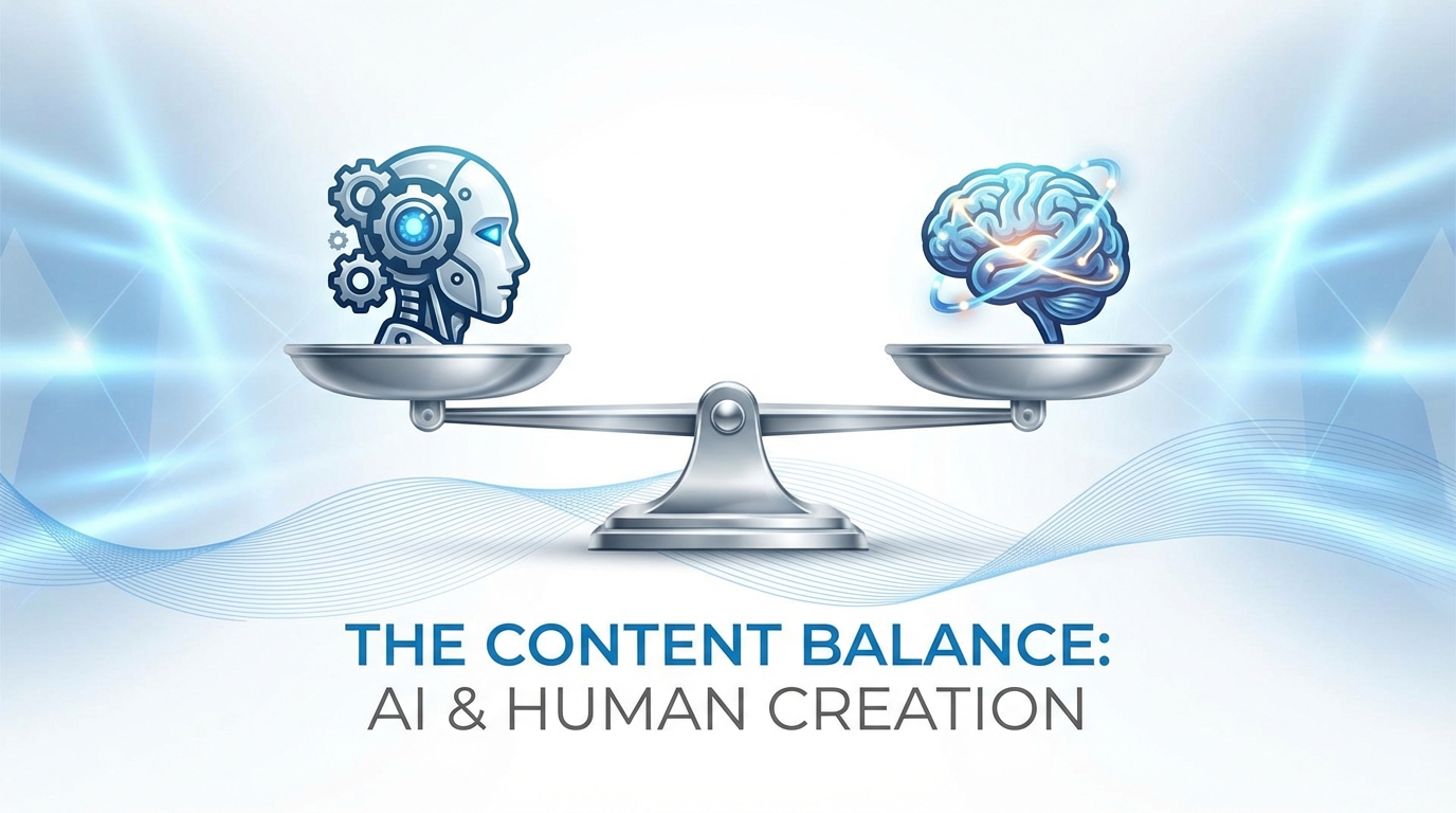 A balanced scale with a robot icon on one side and a human brain icon on the other, set against a clean white background with subtle blue tones, representing the balance between AI and human content creation