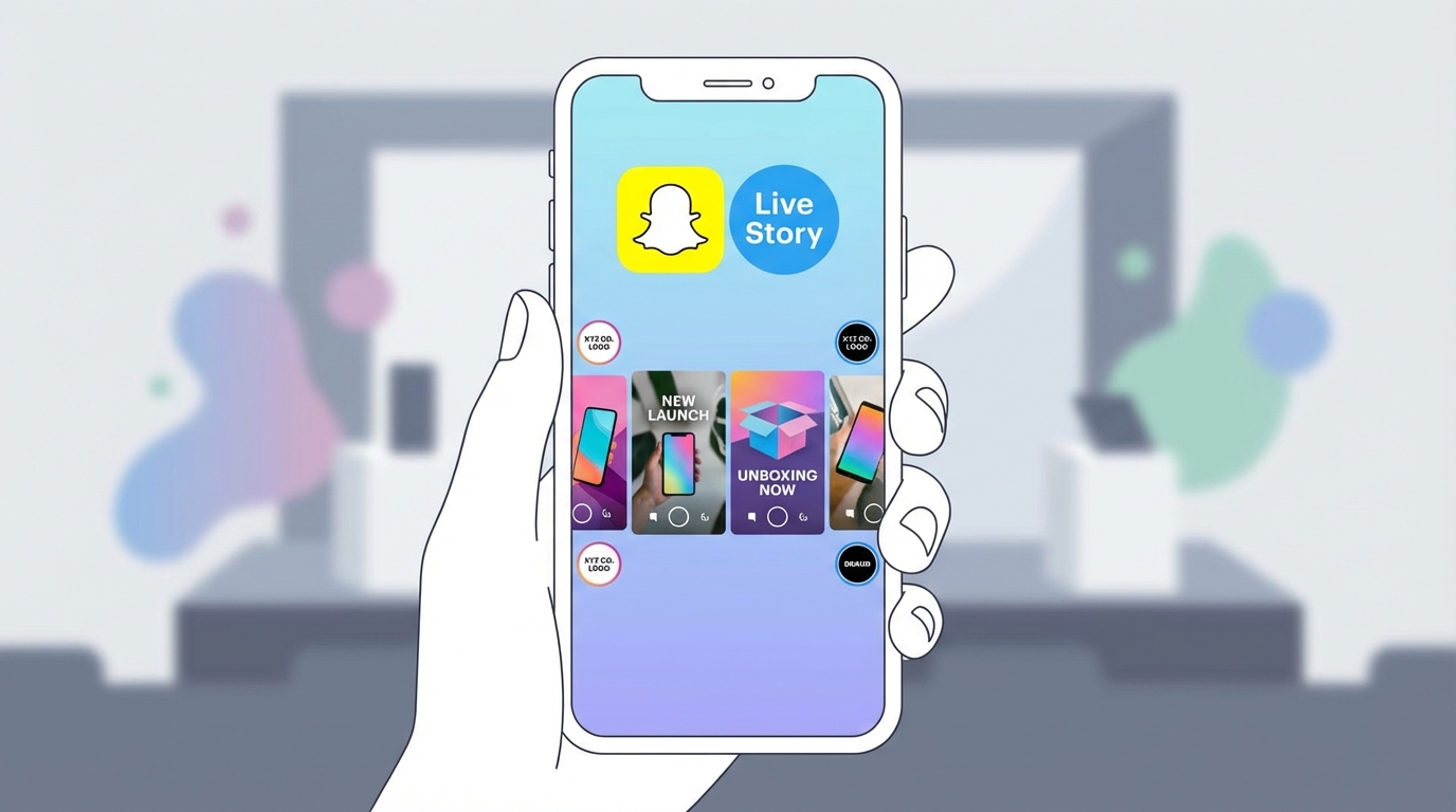A smartphone screen showing a Snapchat Live Story interface with multiple user-submitted snaps from a product launch event, brand logos visible, clean modern flat design