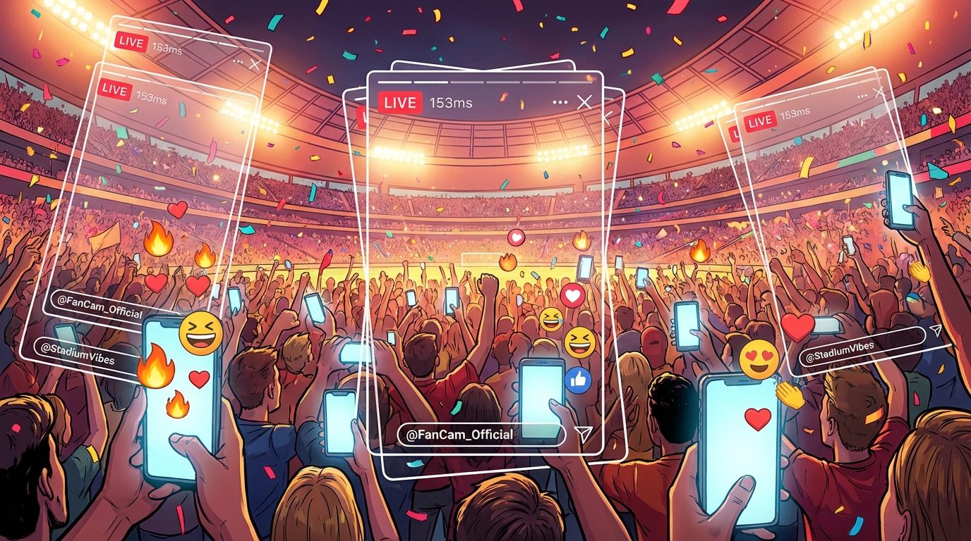 Sports fans in a stadium cheering and using their phones to capture live moments, with Snapchat-style story frames and reaction emojis floating around them, energetic atmosphere, digital art