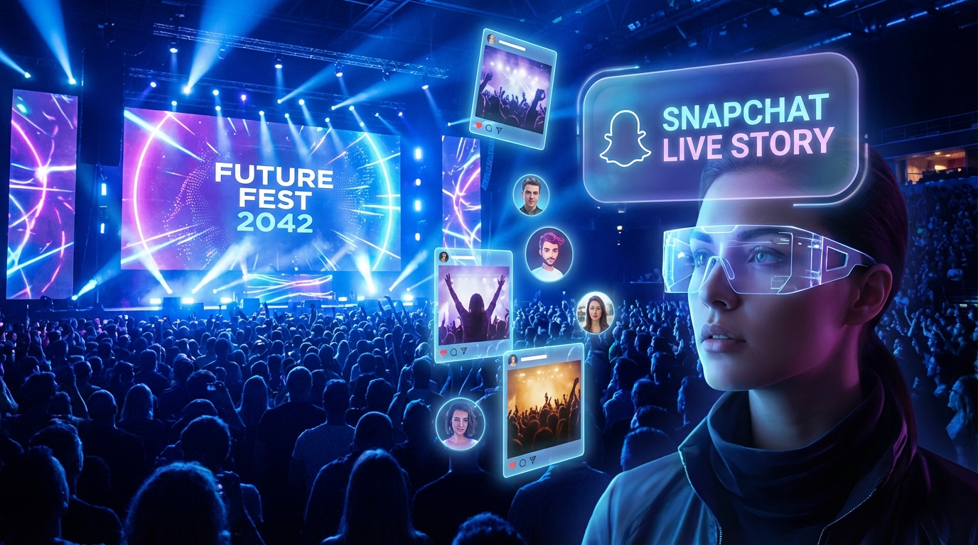 Futuristic augmented reality glasses showing Snapchat Live Story overlays at a live event, with holographic user-generated content floating in the air, sleek modern technology concept art