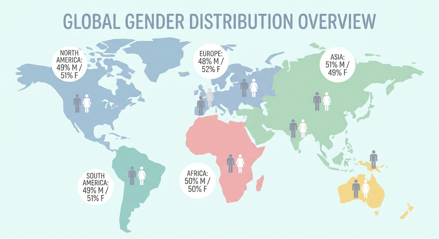 An infographic style illustration showing a world map with gender split icons (male and female) placed on different continents, with percentage labels, soft pastel color scheme, clean design