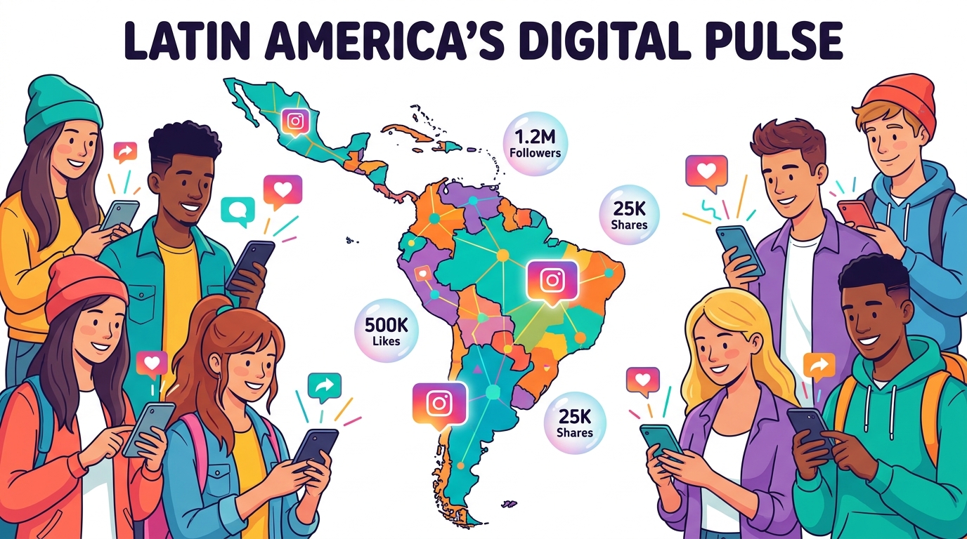 A colorful illustration of South America and Central America with Instagram like icons, follower count bubbles, and young diverse users engaging with phones, modern vector art style