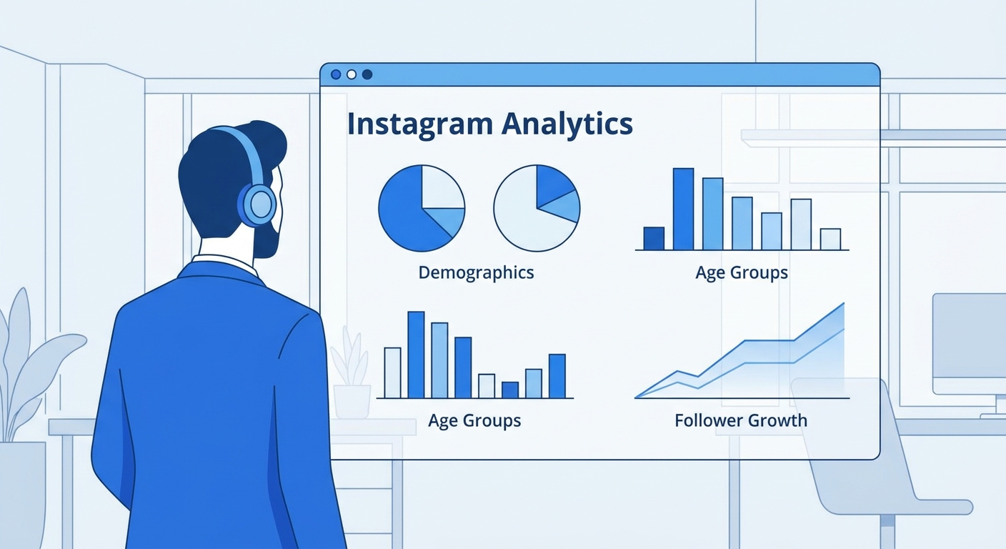 A clean minimalist illustration of a marketer looking at a large dashboard screen showing Instagram analytics, demographic pie charts, age group bar graphs, and follower growth lines, modern office setting, blue and white color palette