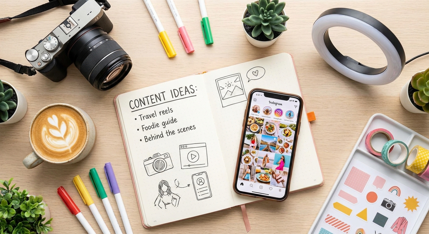 A flat lay of colorful Instagram-worthy content creation setup with camera, coffee cup, notebook with content ideas, and a phone displaying a vibrant Instagram feed, top-down view, bright and clean aesthetic
