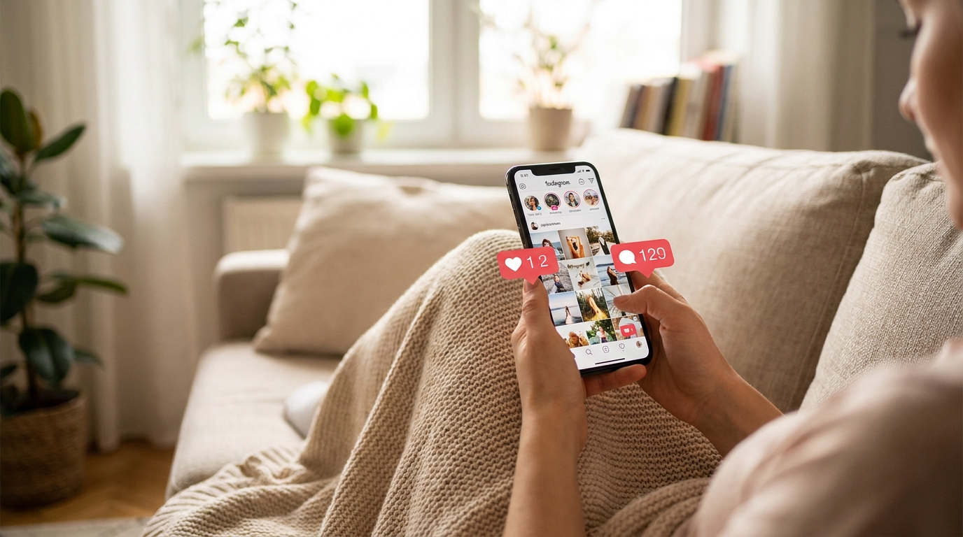 A person casually scrolling through Instagram on their phone while sitting on a couch, with visible comment and like notifications on screen, cozy living room setting, natural ambient light