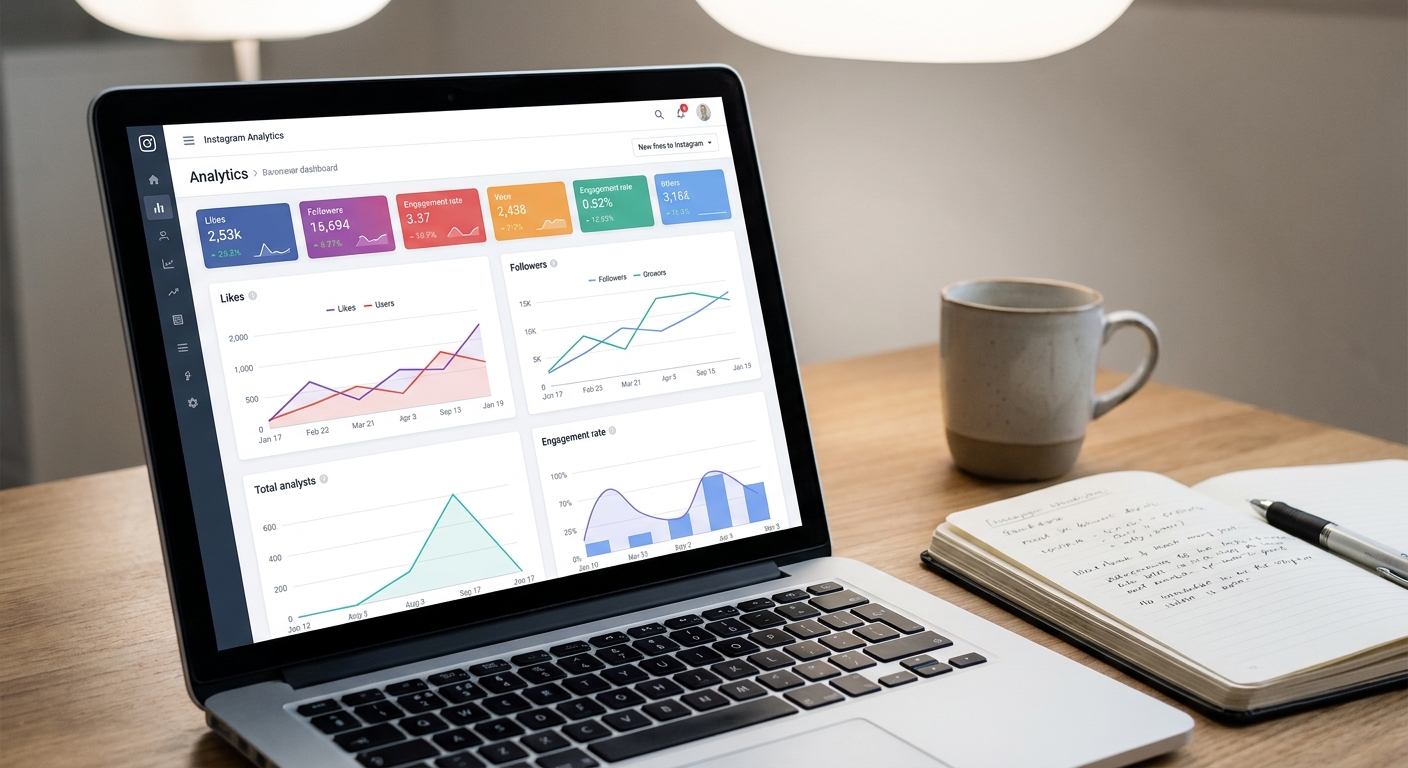 A close-up of a laptop screen showing Instagram analytics dashboard with engagement graphs and metrics, clean workspace with notebook and pen beside the laptop, soft overhead lighting
