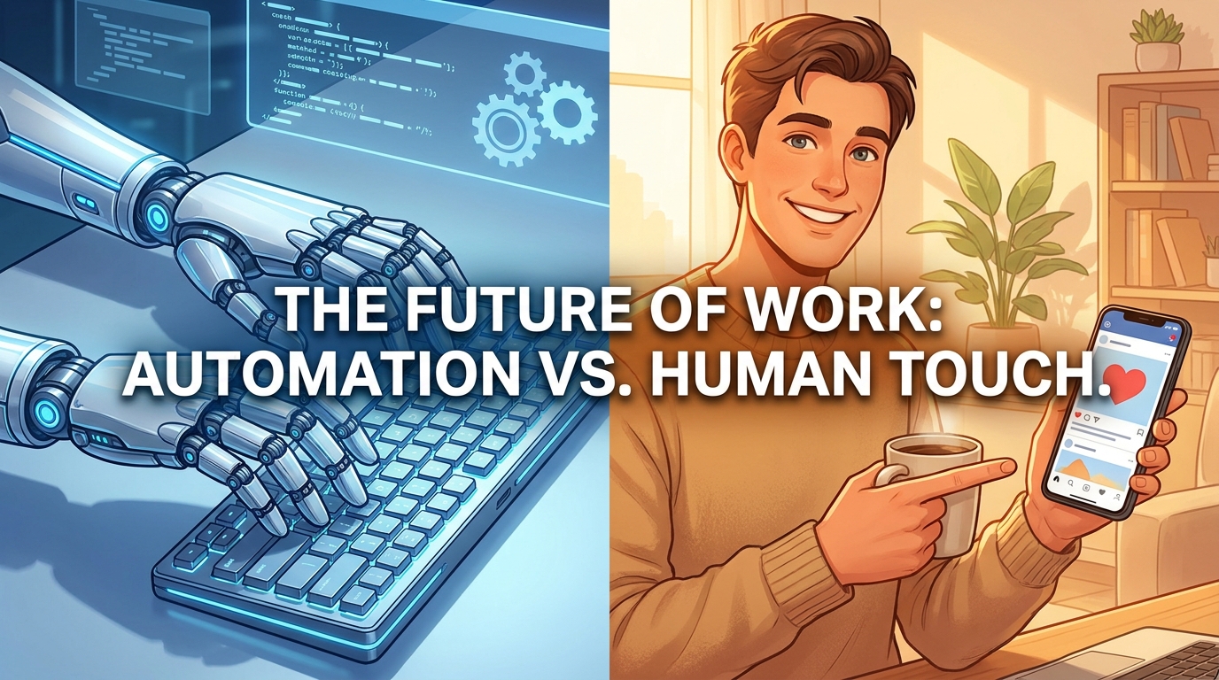 A split screen graphic. On the left side a robotic arm is typing on a sleek keyboard. On the right side a smiling human is holding a coffee mug and pointing at their phone.