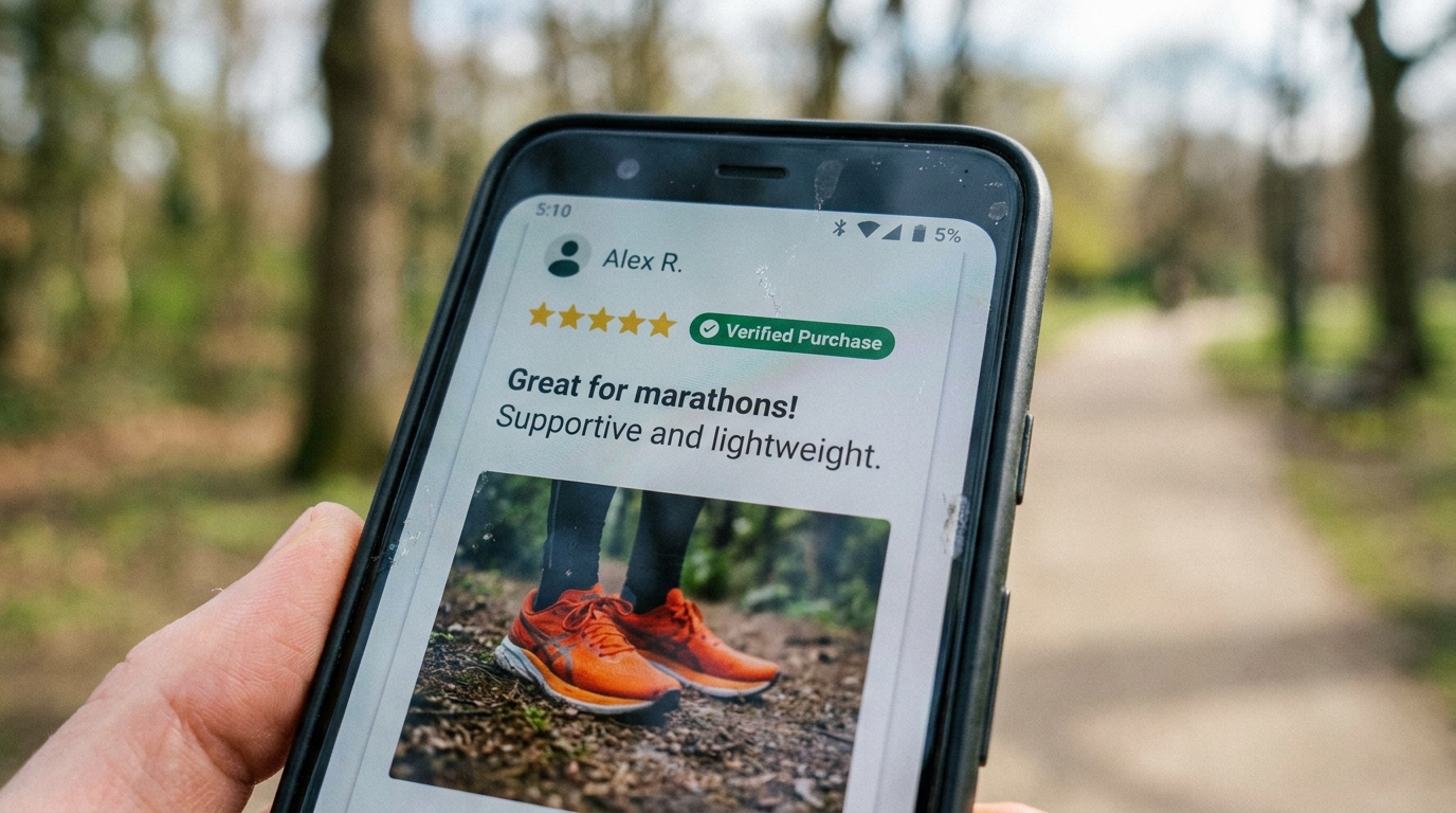 A close up shot of a smartphone screen displaying a customer review page. The review features a green verified purchase badge and a slightly blurry photo of a pair of running shoes.