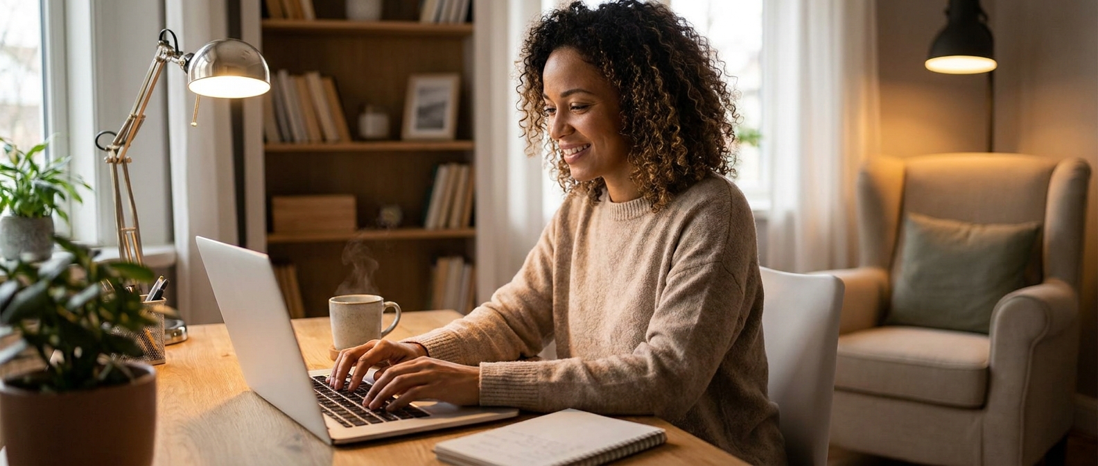 A person sitting at a desk with a laptop and a notebook. They are smiling and typing an email. The room is warmly lit and looks like a comfortable home office.