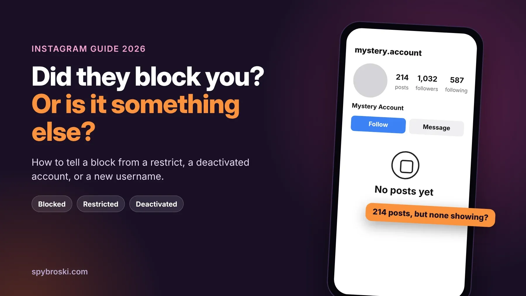 An Instagram style profile showing 214 posts but a No posts yet message, asking whether the account blocked you