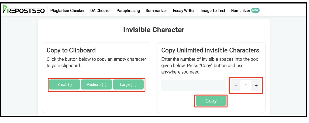 invisible character by clicking on its respective button.